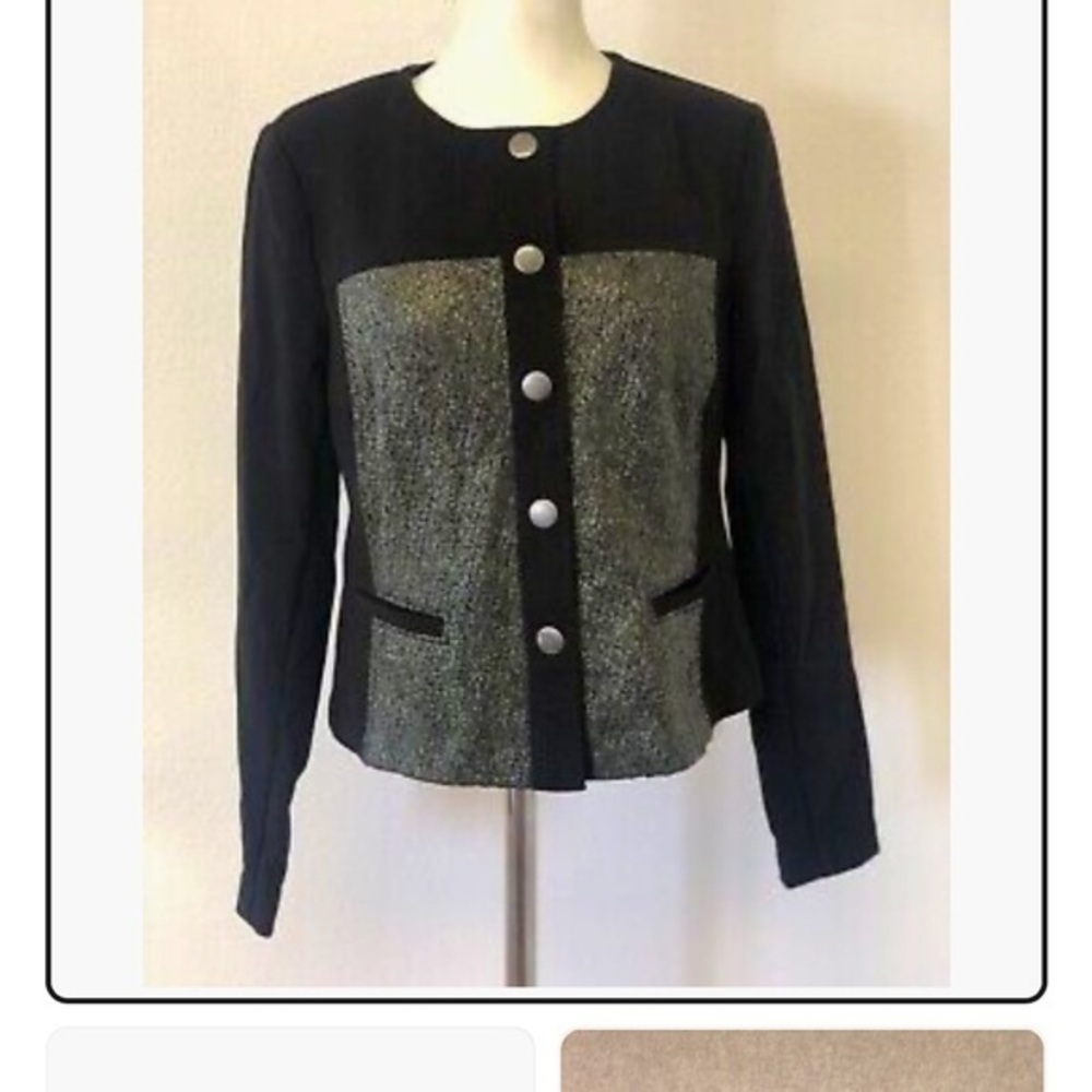 CAbi Cropped Black Green Metalic Mixed Panel Equestrian Style Jacket Size Smalll
